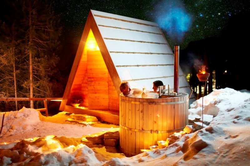 Relaxing together in your own hot tub – still a marvellous option even in cold weather.